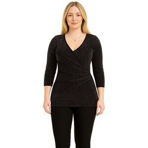 2/$30 connected apparel Black Metallic Faux Wrap Top Fitted Small #A0211 TRB2